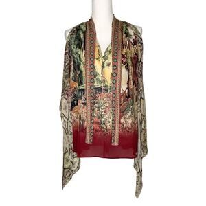 Etro Silk Blouse Top Printed Outdoor Scenery Attached Cape Neck Tie 38 Small